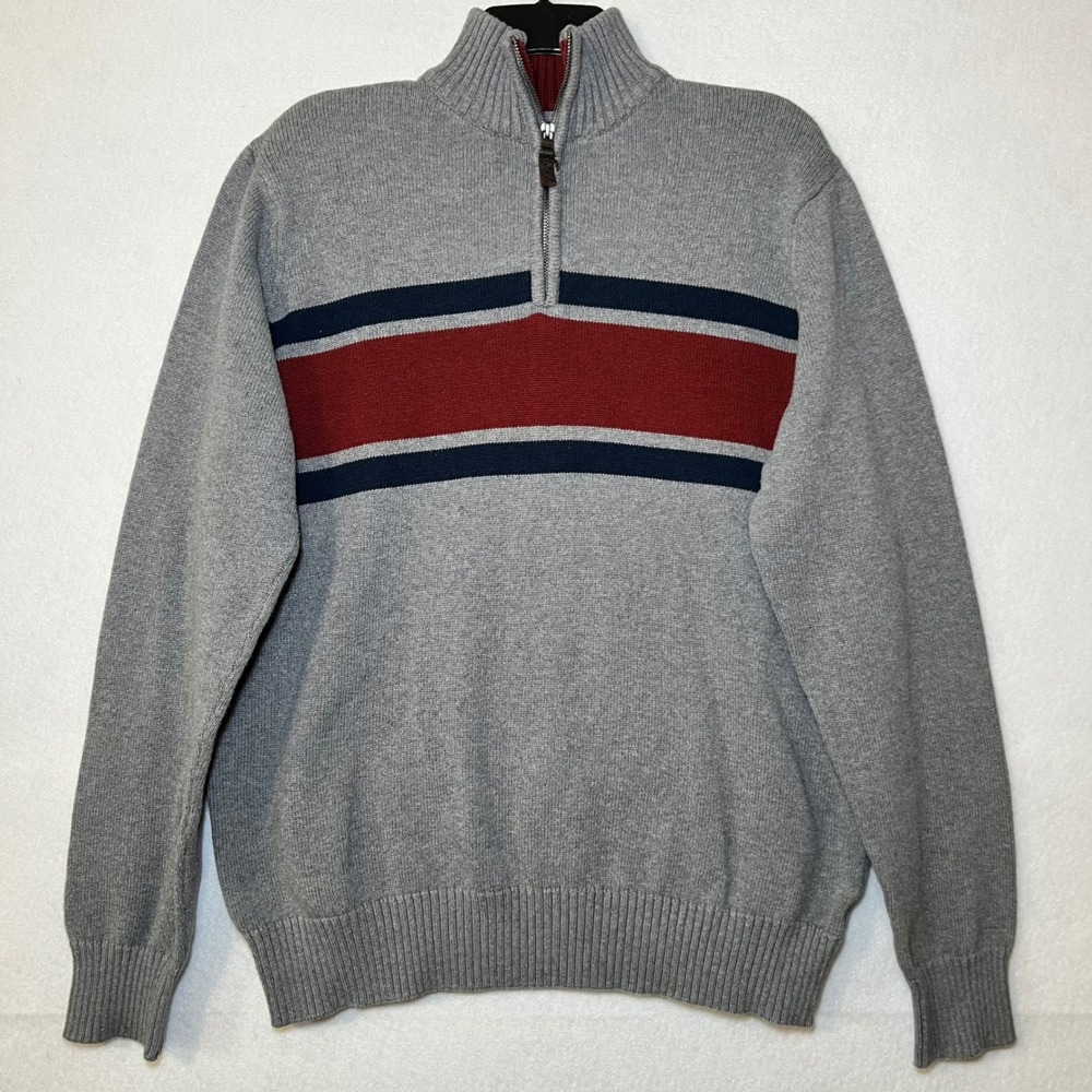 Eddie Bauer 90s Preppy Collegiate Gray Red Navy Stripe Quarter Zip Sweater Men L